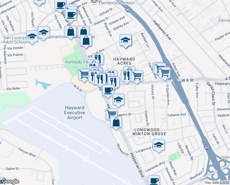 map of restaurants, bars, coffee shops, grocery stores, and more near 950 W A St in Hayward