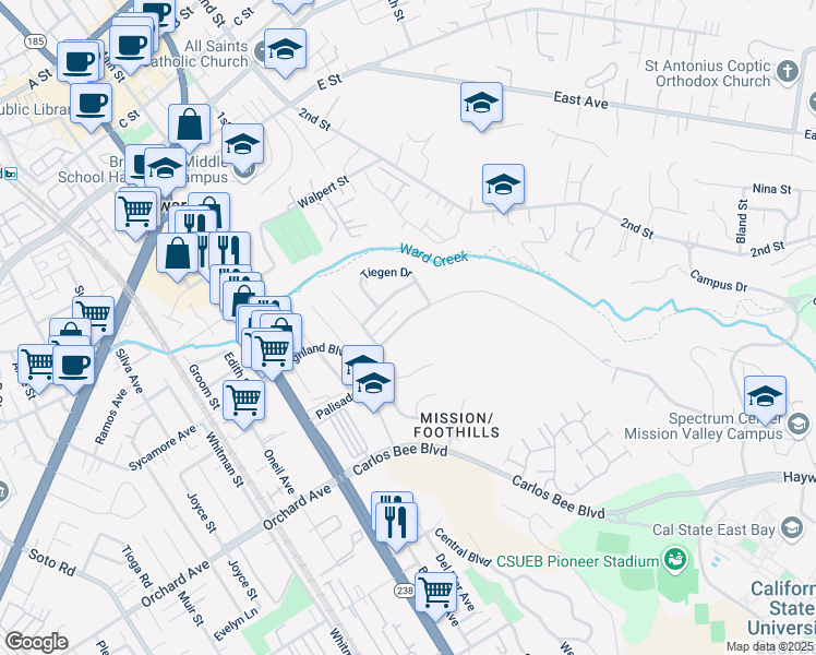 map of restaurants, bars, coffee shops, grocery stores, and more near 1162 Highland Boulevard in Hayward