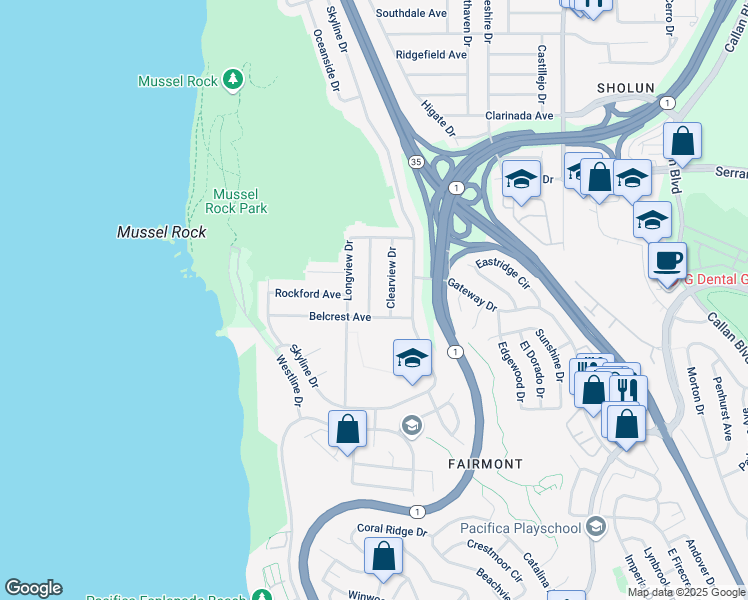 map of restaurants, bars, coffee shops, grocery stores, and more near 87 Montebello Drive in Daly City
