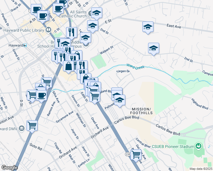 map of restaurants, bars, coffee shops, grocery stores, and more near 24485 Leona Drive in Hayward