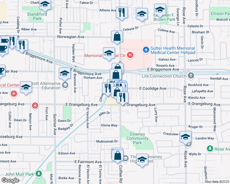 map of restaurants, bars, coffee shops, grocery stores, and more near 1433 Coffee Road in Modesto