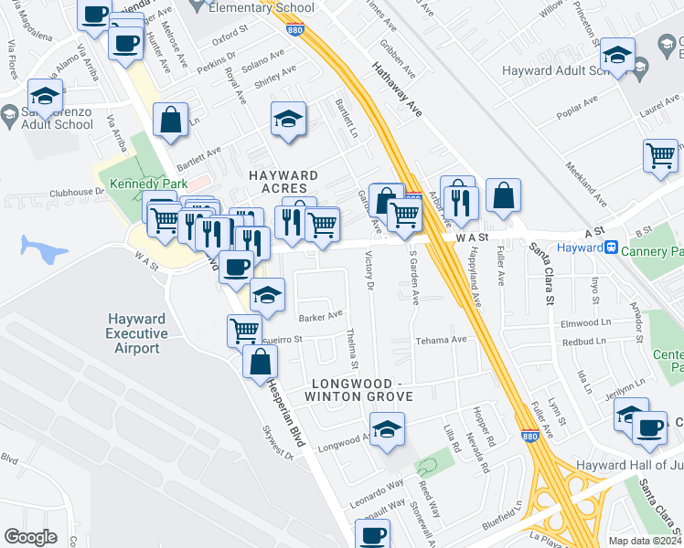 map of restaurants, bars, coffee shops, grocery stores, and more near 21803 Thelma Street in Hayward