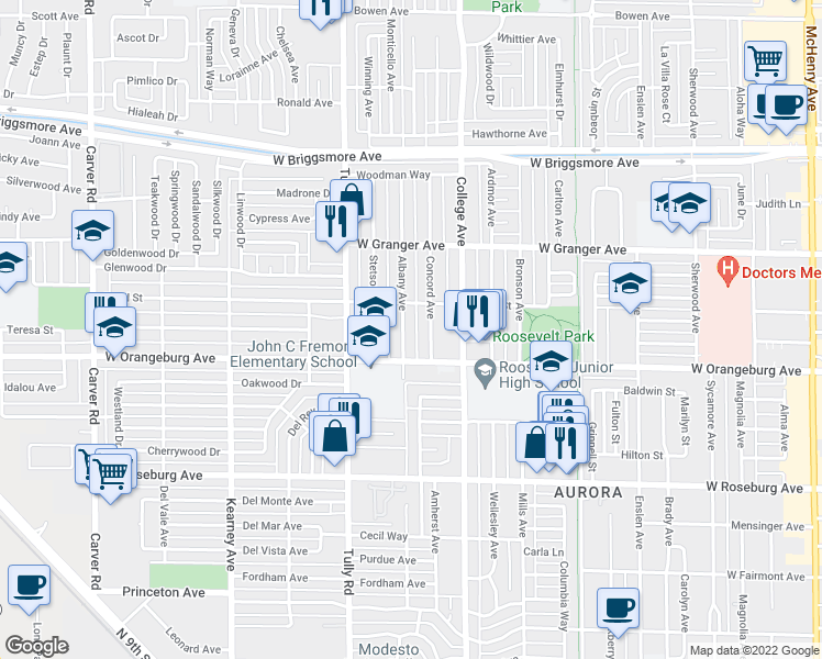 map of restaurants, bars, coffee shops, grocery stores, and more near 1420 Albany Avenue in Modesto