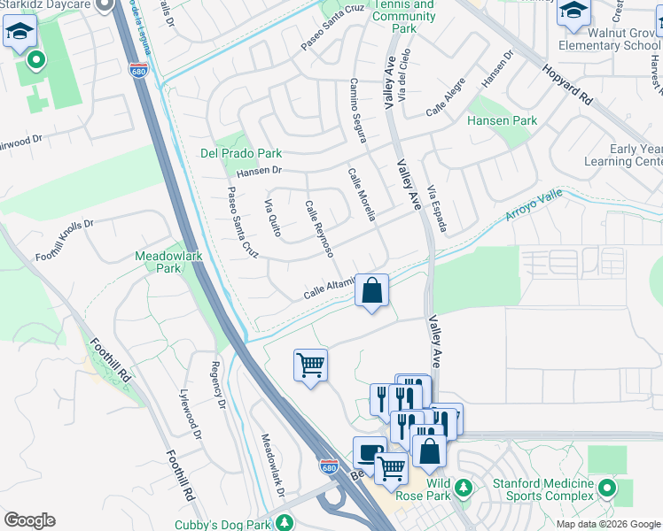 map of restaurants, bars, coffee shops, grocery stores, and more near 2660 Calle Reynoso in Pleasanton
