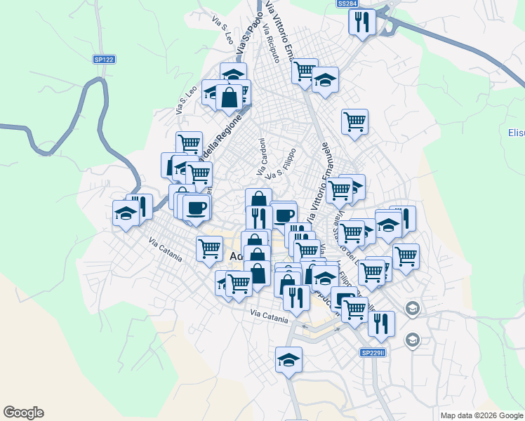 map of restaurants, bars, coffee shops, grocery stores, and more near 28 Via Baratta in Adrano
