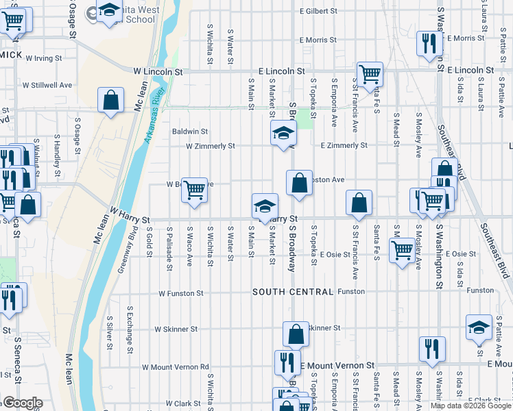 map of restaurants, bars, coffee shops, grocery stores, and more near 1538 South Main Street in Wichita