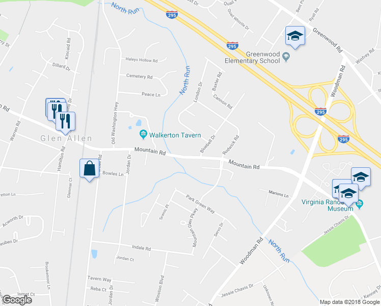 map of restaurants, bars, coffee shops, grocery stores, and more near 2804 Mountain Road in Glen Allen
