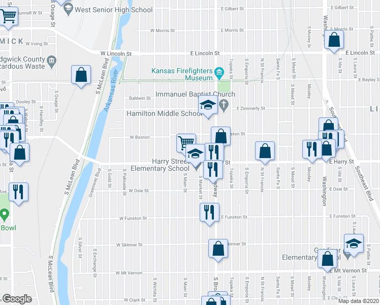map of restaurants, bars, coffee shops, grocery stores, and more near 1538 South Main Street in Wichita
