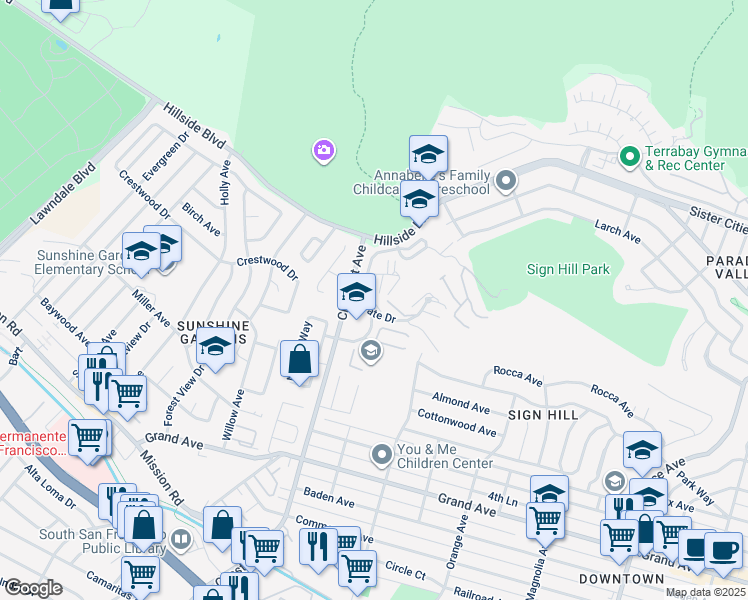 map of restaurants, bars, coffee shops, grocery stores, and more near 782 Stonegate Drive in South San Francisco