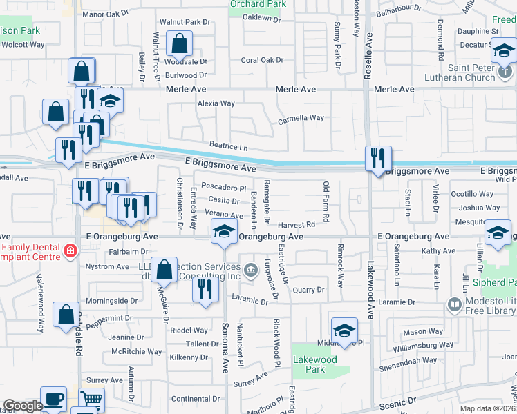 map of restaurants, bars, coffee shops, grocery stores, and more near 1428 Bandera Lane in Modesto