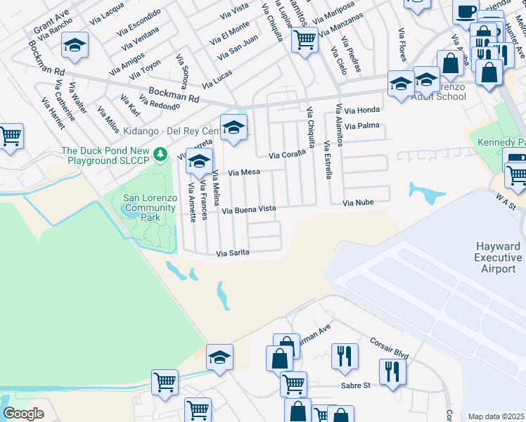 map of restaurants, bars, coffee shops, grocery stores, and more near 1666 Via Buena Vista in San Lorenzo