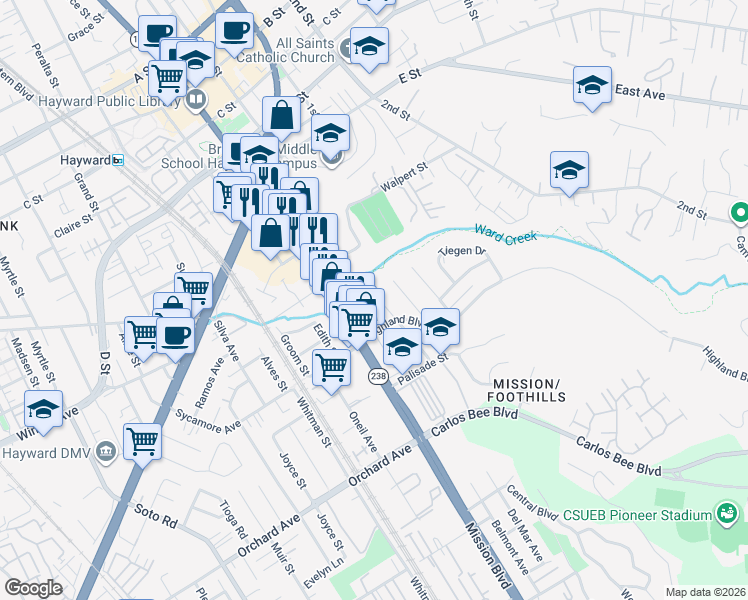map of restaurants, bars, coffee shops, grocery stores, and more near 24405 Margaret Drive in Hayward