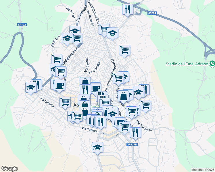 map of restaurants, bars, coffee shops, grocery stores, and more near 43 Via Ruggero II in Adrano