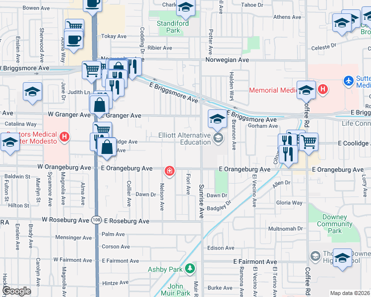 map of restaurants, bars, coffee shops, grocery stores, and more near 608 East Coolidge Avenue in Modesto