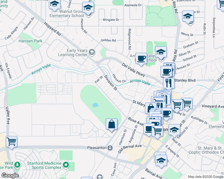 map of restaurants, bars, coffee shops, grocery stores, and more near 938 Division Street in Pleasanton