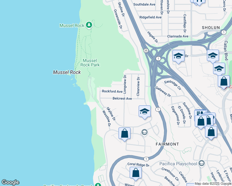 map of restaurants, bars, coffee shops, grocery stores, and more near 9 Rockford Avenue in Daly City