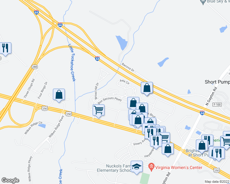 map of restaurants, bars, coffee shops, grocery stores, and more near 4345 Saunders Station Lane in Short Pump