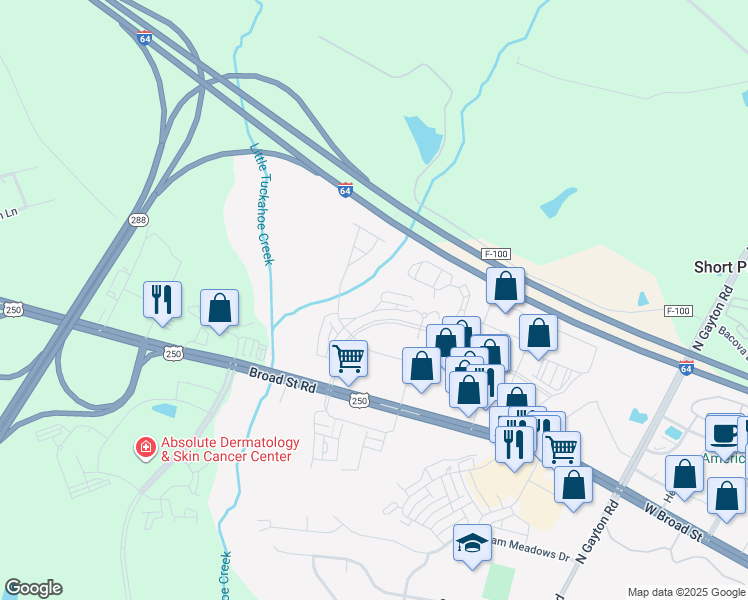map of restaurants, bars, coffee shops, grocery stores, and more near 4359 Saunders Station Lane in Henrico