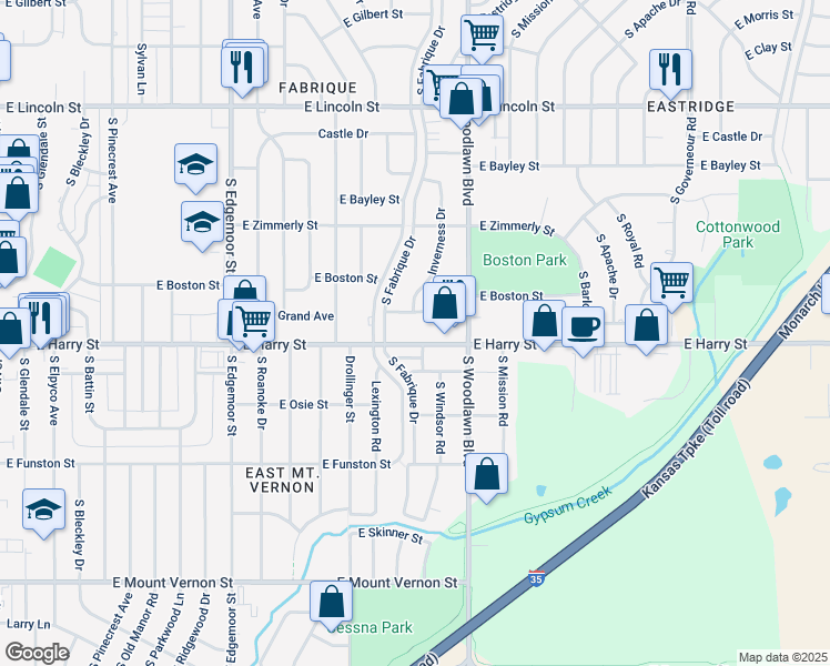 map of restaurants, bars, coffee shops, grocery stores, and more near 6138 East Harry Street in Wichita