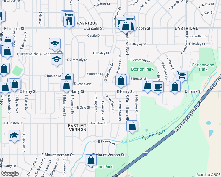map of restaurants, bars, coffee shops, grocery stores, and more near 6138 East Harry Street in Wichita
