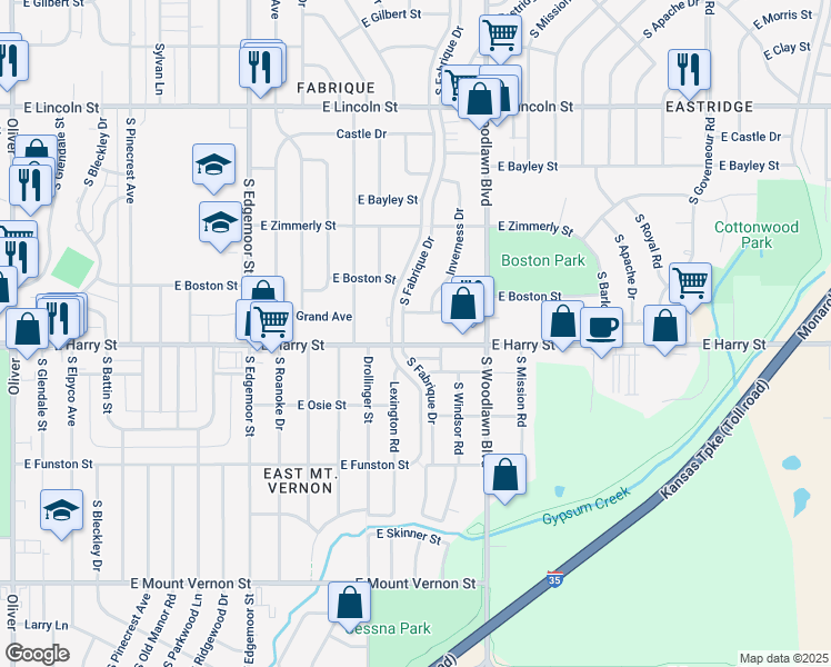 map of restaurants, bars, coffee shops, grocery stores, and more near 6138 East Harry Street in Wichita