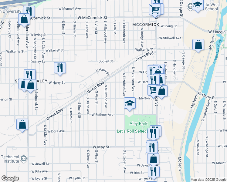 map of restaurants, bars, coffee shops, grocery stores, and more near 1631 South Fern Street in Wichita