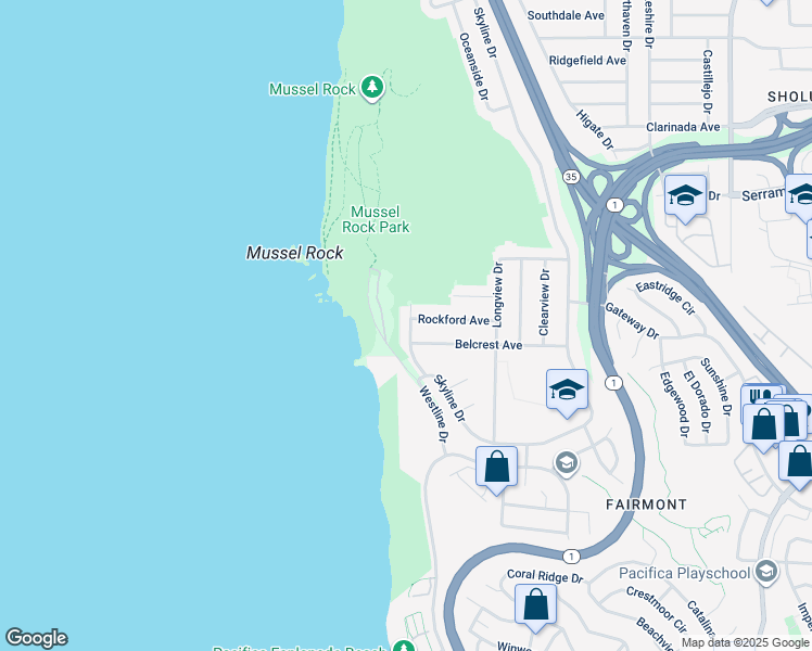 map of restaurants, bars, coffee shops, grocery stores, and more near 86 Westline Drive in Daly City