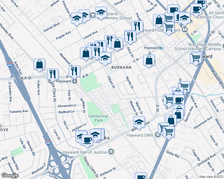 map of restaurants, bars, coffee shops, grocery stores, and more near 213 Burbank Street in Hayward