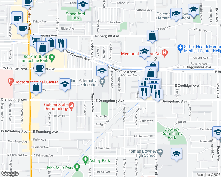 map of restaurants, bars, coffee shops, grocery stores, and more near 1429 Brannon Avenue in Modesto