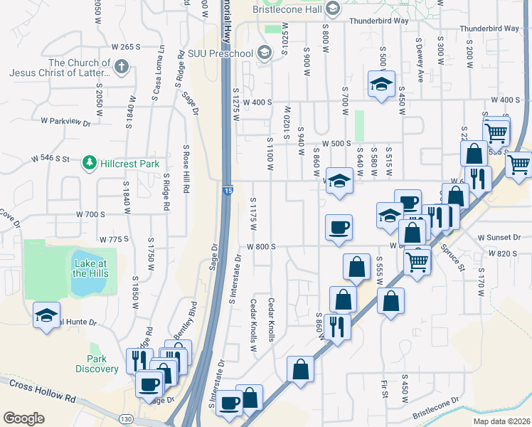 map of restaurants, bars, coffee shops, grocery stores, and more near 698 South 1100 West in Cedar City