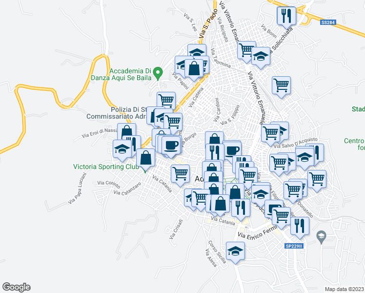 map of restaurants, bars, coffee shops, grocery stores, and more near 43 Via Arena in Adrano