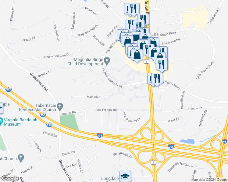 map of restaurants, bars, coffee shops, grocery stores, and more near 9906 Magnolia Pointe Court in Glen Allen