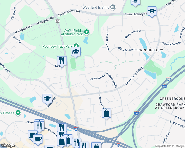 map of restaurants, bars, coffee shops, grocery stores, and more near 12116 Turning Branch Circle in Glen Allen