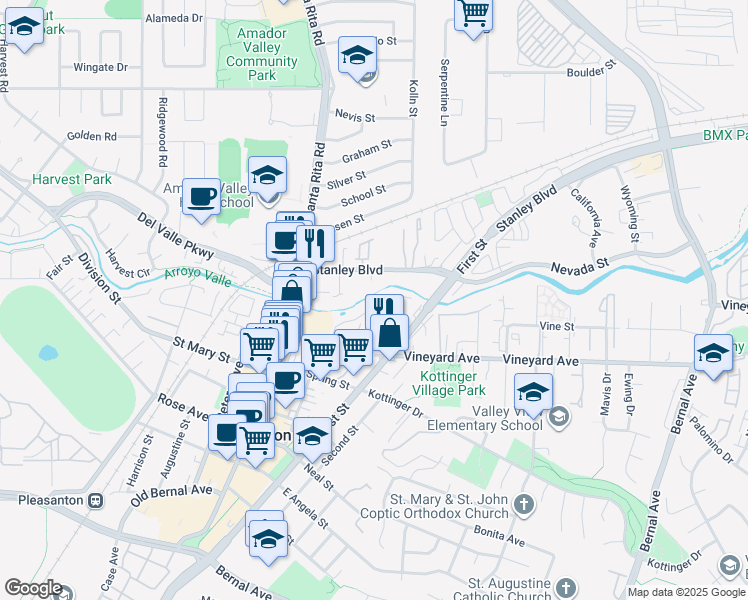 map of restaurants, bars, coffee shops, grocery stores, and more near 4065 Walnut Drive in Pleasanton