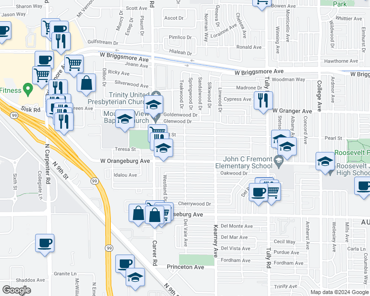 map of restaurants, bars, coffee shops, grocery stores, and more near 1599 Teresa Street in Modesto