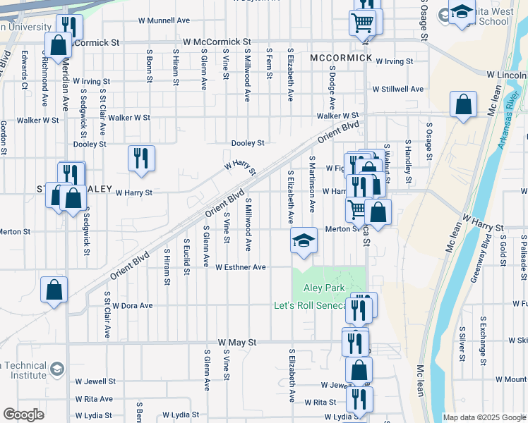 map of restaurants, bars, coffee shops, grocery stores, and more near 1631 South Fern Street in Wichita