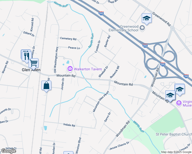 map of restaurants, bars, coffee shops, grocery stores, and more near 2804 Mountain Road in Glen Allen