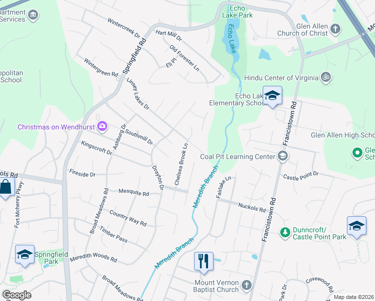 map of restaurants, bars, coffee shops, grocery stores, and more near 5148 Chelsea Brook Lane in Glen Allen
