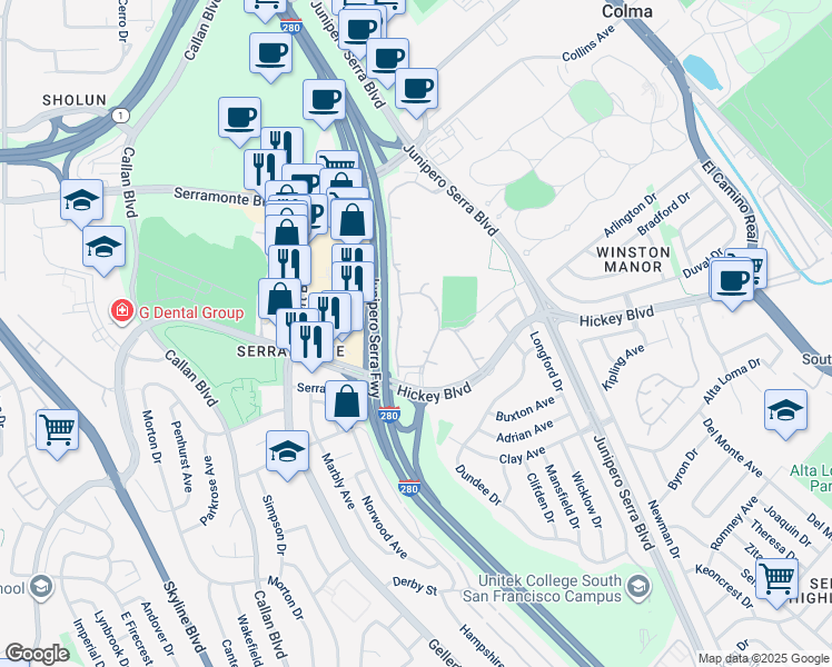 map of restaurants, bars, coffee shops, grocery stores, and more near 373 Half Moon Lane in Daly City