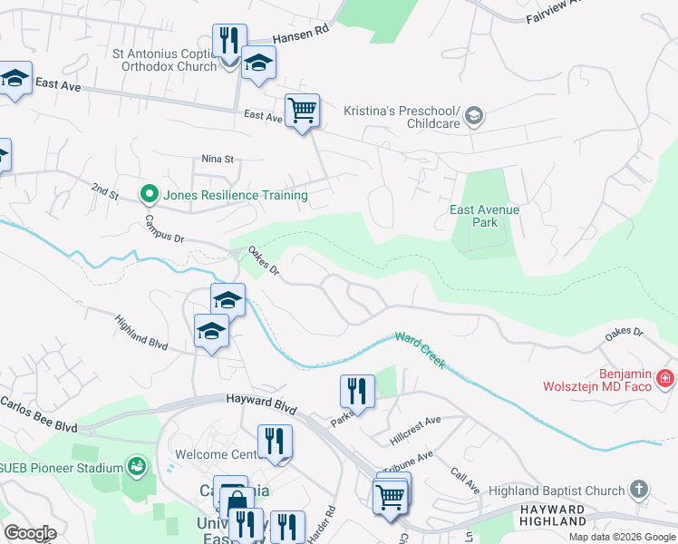 map of restaurants, bars, coffee shops, grocery stores, and more near 2509 Lancaster Court in Hayward
