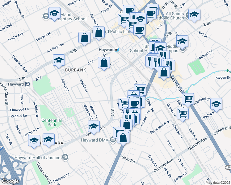 map of restaurants, bars, coffee shops, grocery stores, and more near 22915 Grand Street in Hayward