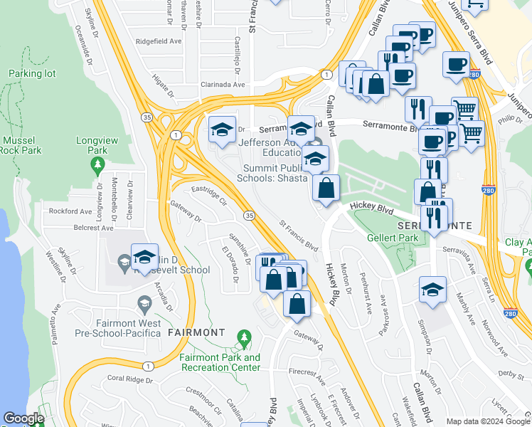 map of restaurants, bars, coffee shops, grocery stores, and more near 920 Saint Francis Boulevard in Daly City
