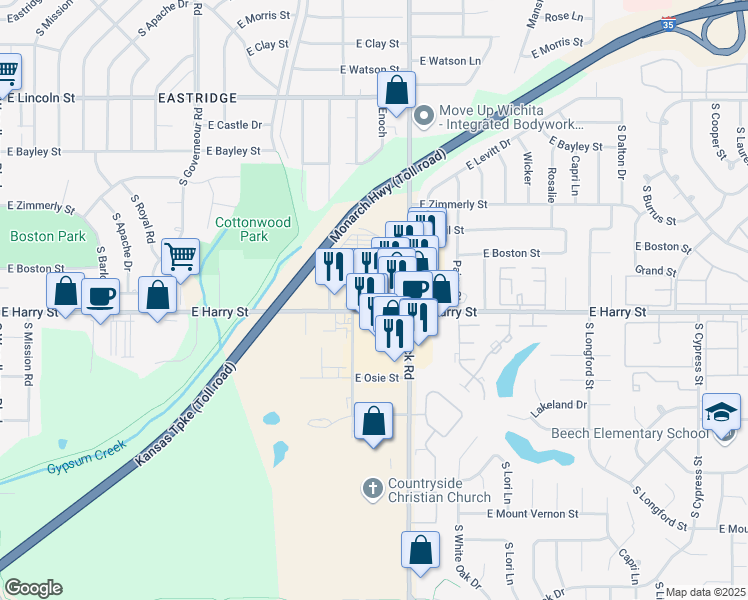 map of restaurants, bars, coffee shops, grocery stores, and more near 7820 East Harry Street in Wichita