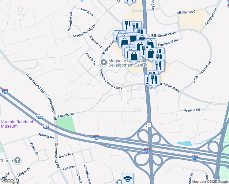 map of restaurants, bars, coffee shops, grocery stores, and more near 9828 Magnolia Pointe Circle in Glen Allen
