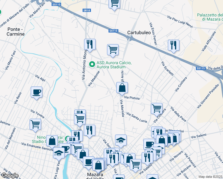 map of restaurants, bars, coffee shops, grocery stores, and more near 11 Via dei Ciclopi in Mazara del Vallo