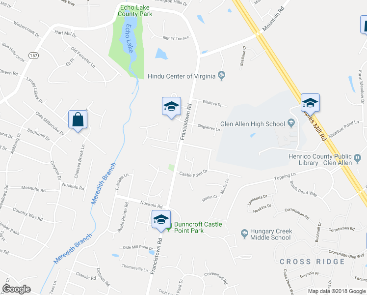 map of restaurants, bars, coffee shops, grocery stores, and more near 9055 Castle Point Road in Glen Allen