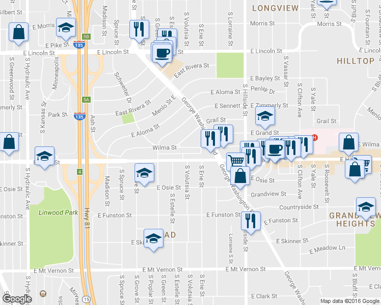 map of restaurants, bars, coffee shops, grocery stores, and more near 2815 East Wilma Street in Wichita