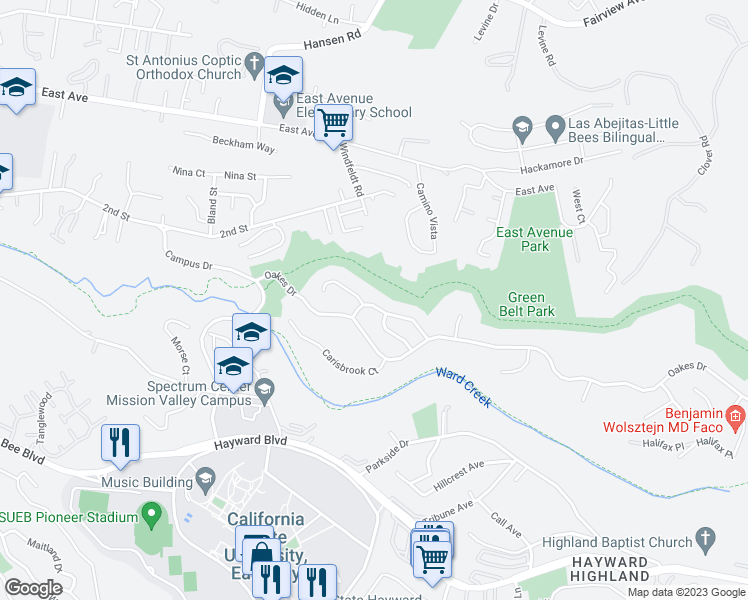 map of restaurants, bars, coffee shops, grocery stores, and more near 2566 Lancaster Road in Hayward