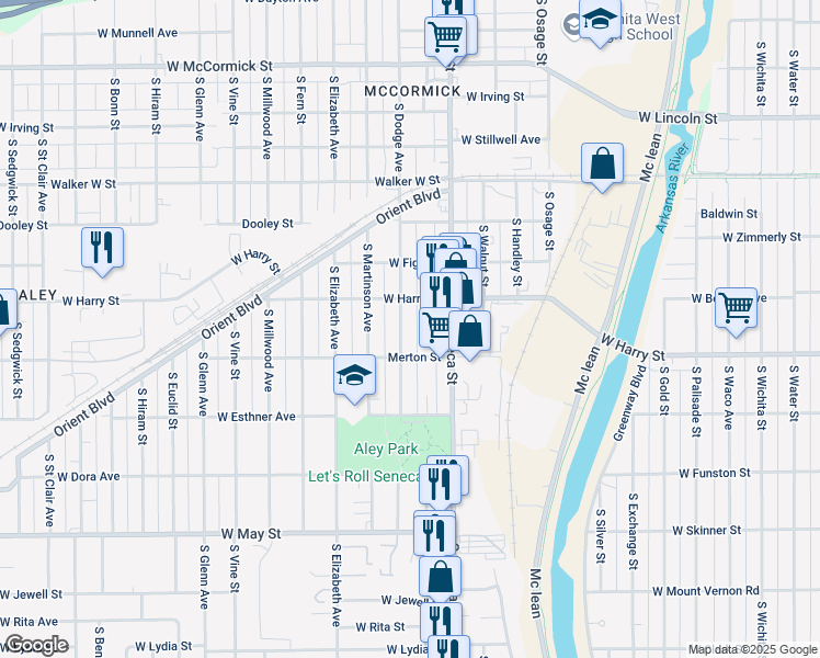 map of restaurants, bars, coffee shops, grocery stores, and more near 1632 S Dodge Ave in Wichita