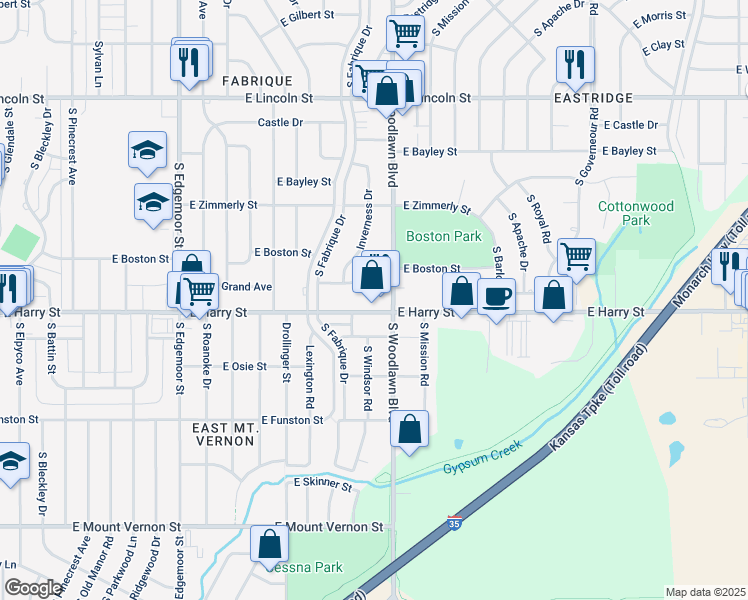map of restaurants, bars, coffee shops, grocery stores, and more near 6310 East Harry Street in Wichita